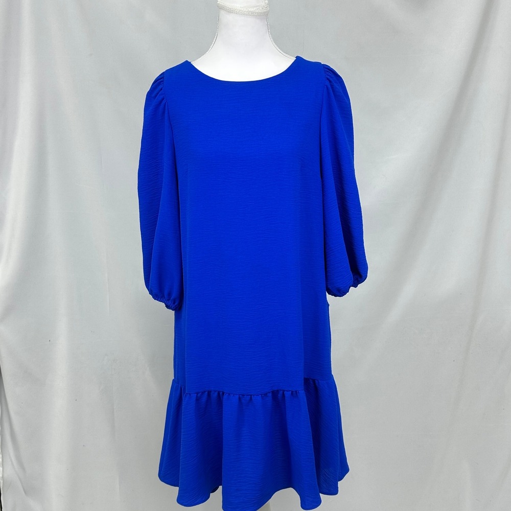 DKNY Women's Sz 4 Shift Dress Royal Blue Puff Sleeve Flounce Hem Chic Refined